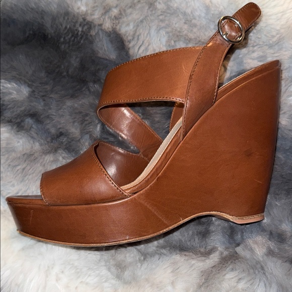 Prada Women's Brown Leather Wedge Sandals w/ Prada Box - Picture 4 of 12